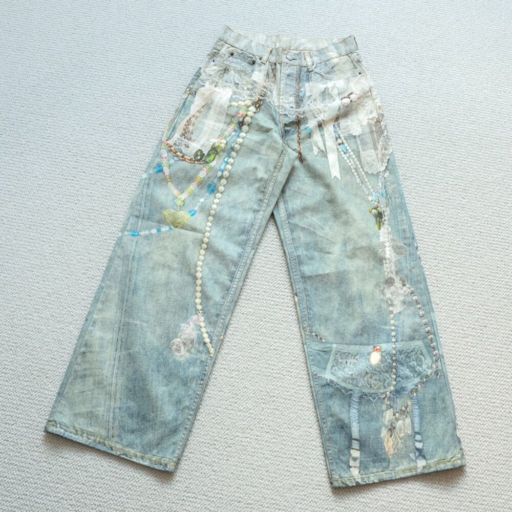 Acne Studios Lace and Pearl Chain Print Wide-Leg Denim Trousers